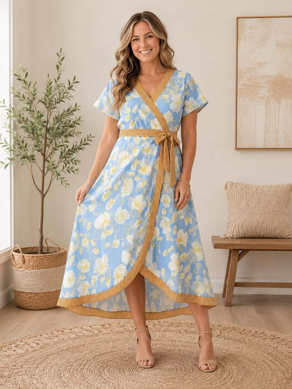 Piper & Scoot Blue Floral Wrap Midi Dress Contrast Trim Lined Women’s M